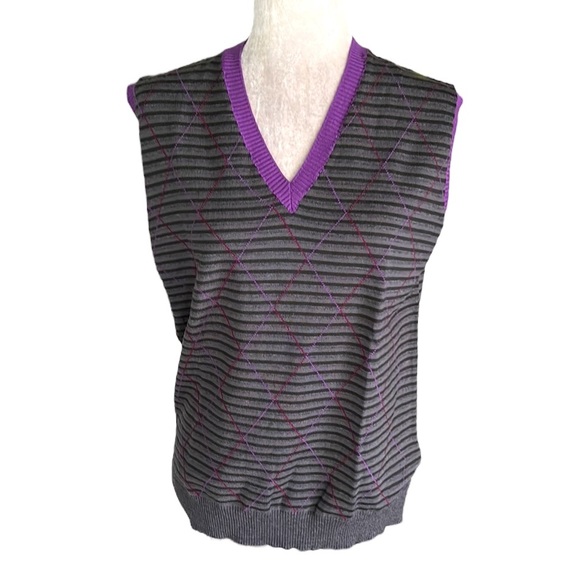 ETRO Milano Gray & Purple Striped Argyle Sleeveless V-Neck Wool Knit Vest - L - Picture 11 of 11
